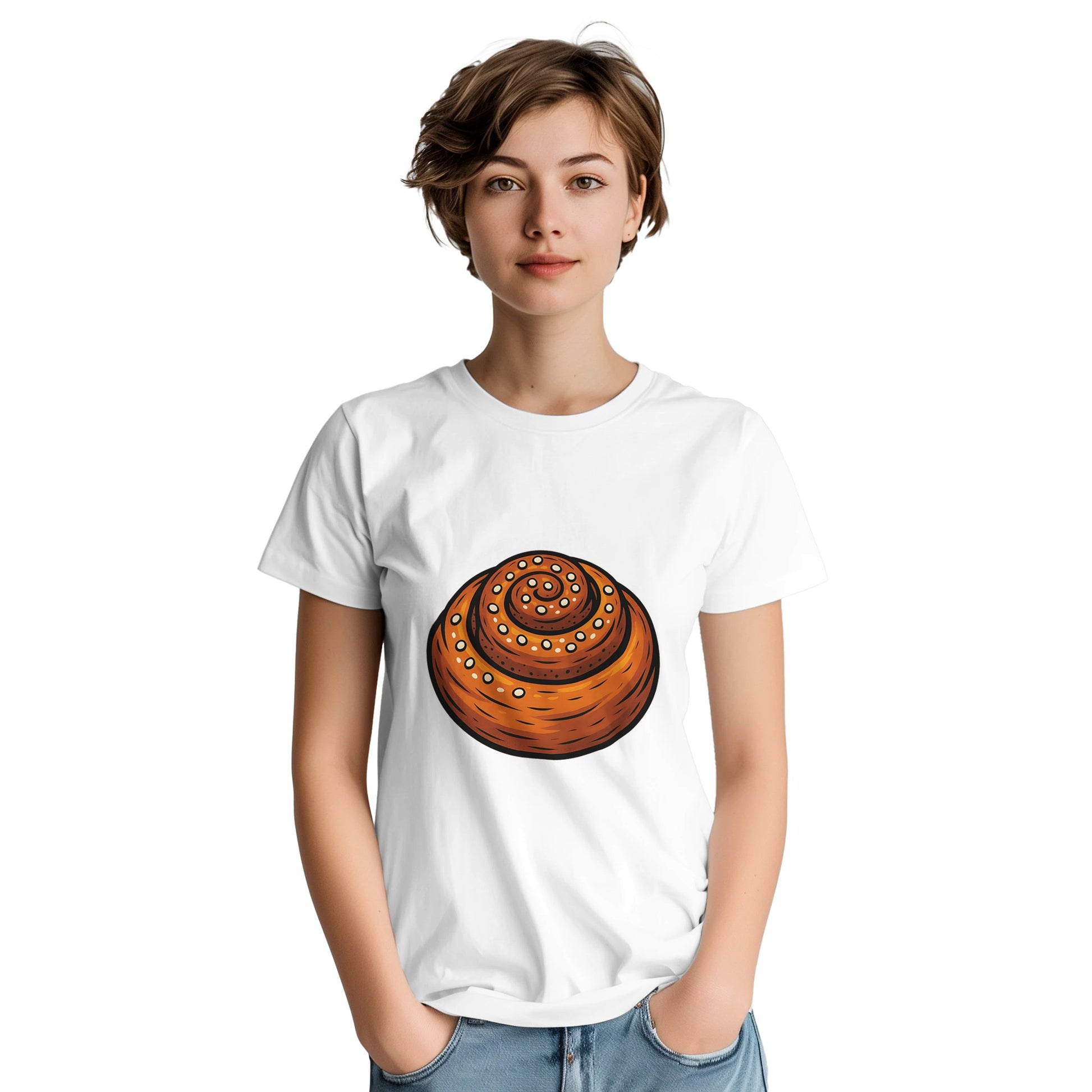 En T-shirt med en kanelbulle på en blå bakgrund, perfekt för kanelbulleälskare.