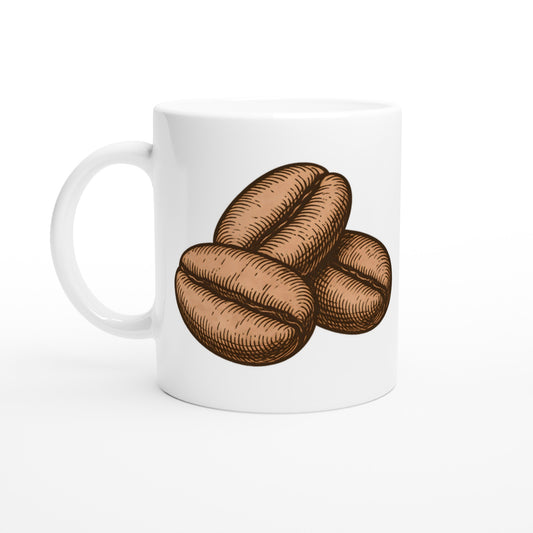 Mugg med klassiskt tecknade kaffebönor, hyllning till caféer.