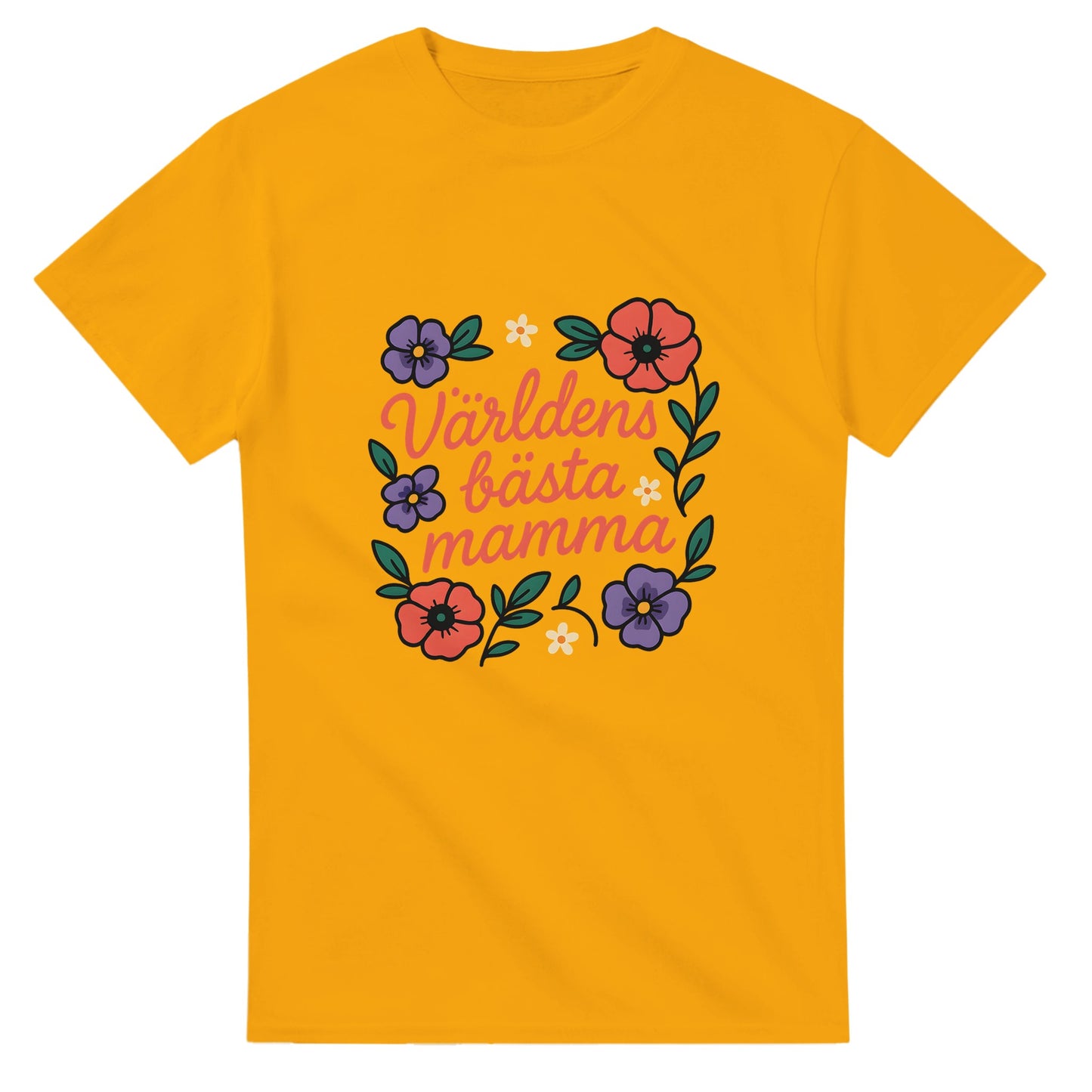 Chic T-shirt med blommönster och 'Världens bästa mamma' i mjukt typsnitt. Perfekt för alla mammor.