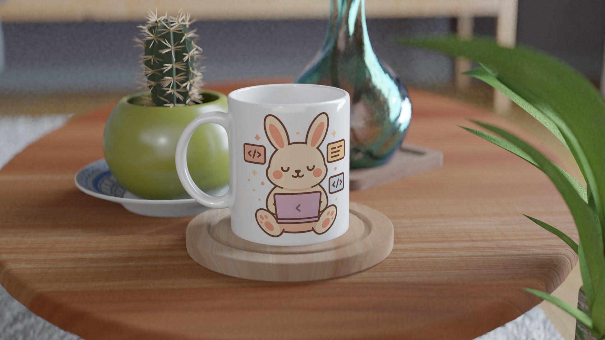 Mugg med kanin som kodar, perfekt för programmeringsstunder. Charmig present för programmerare!