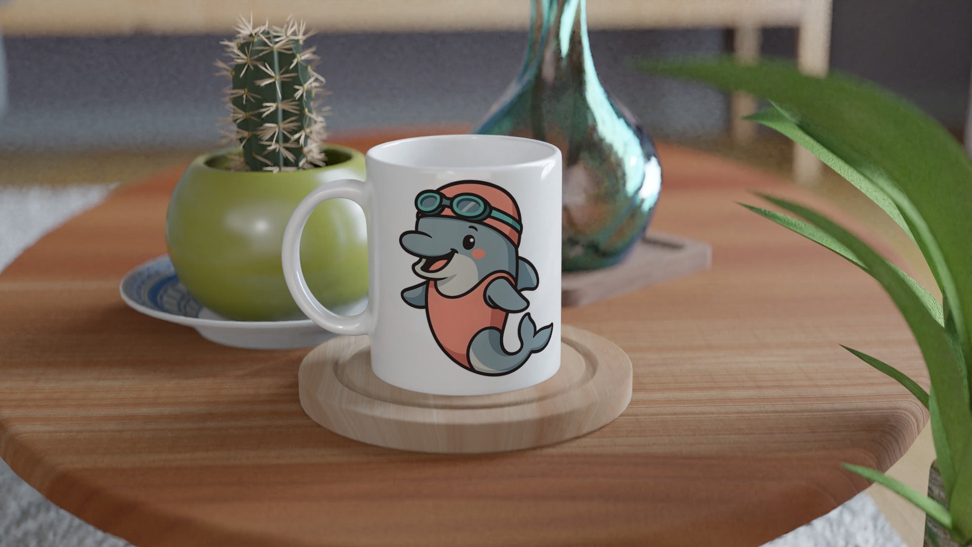 Delfin Dykare Mugg - Perfekt för kaffedrickare som älskar havet! Charmig delfin i baddräkt och badmössa.
