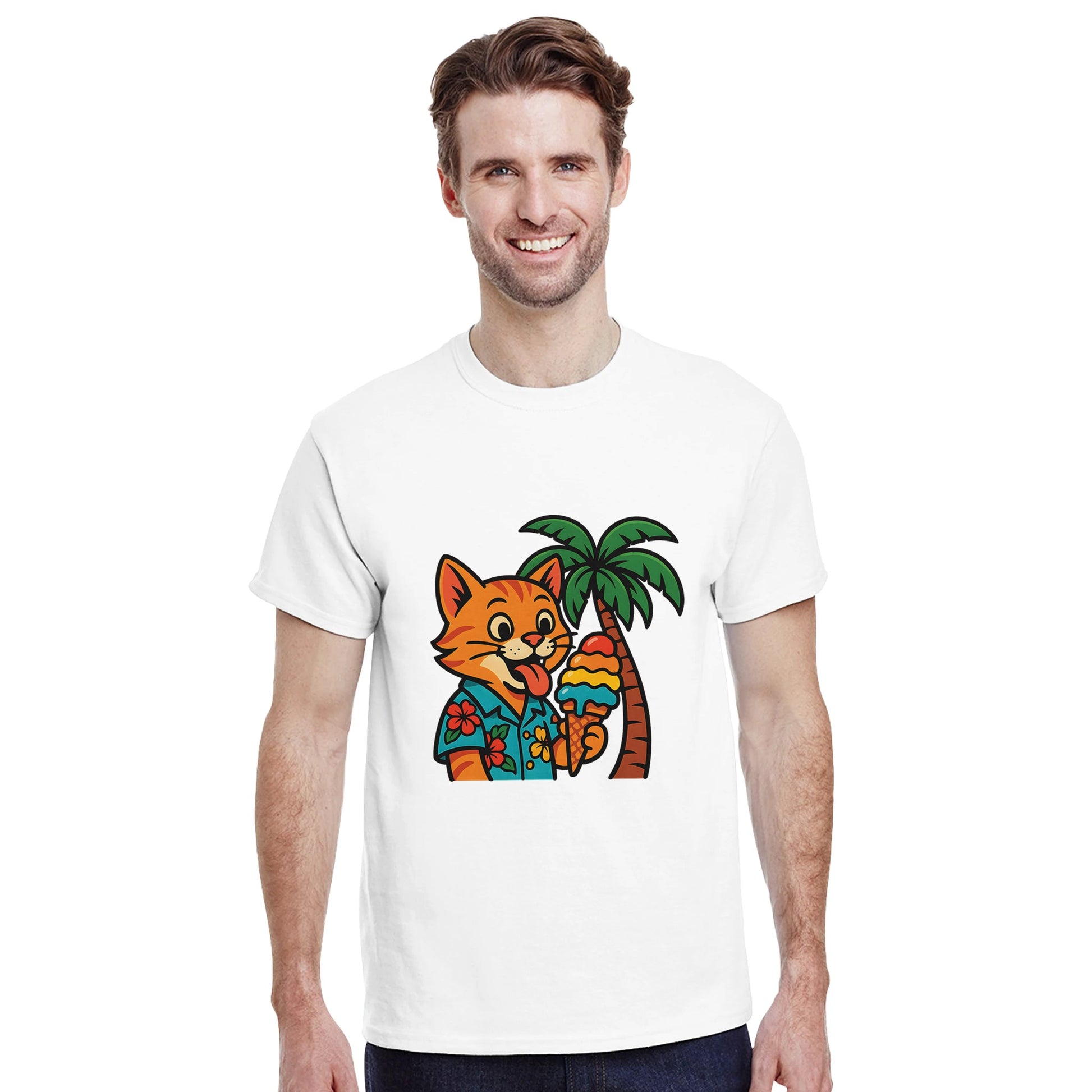 Katt i hawaiiskjorta slickar på regnbågsfärgad glass under palm.