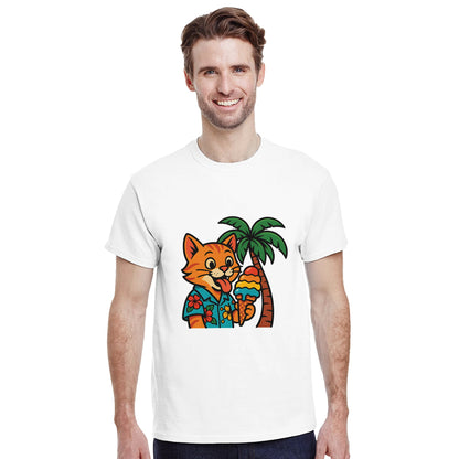Katt i hawaiiskjorta slickar på regnbågsfärgad glass under palm.