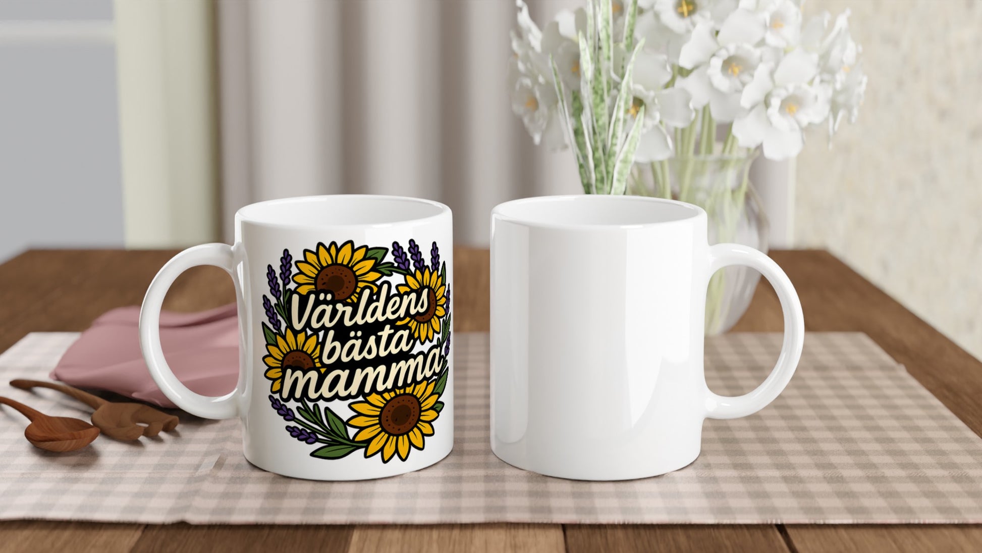Mugg med texten Världens bästa mamma och blomsterkrans. Perfekt gåva för en kärleksfull mamma.