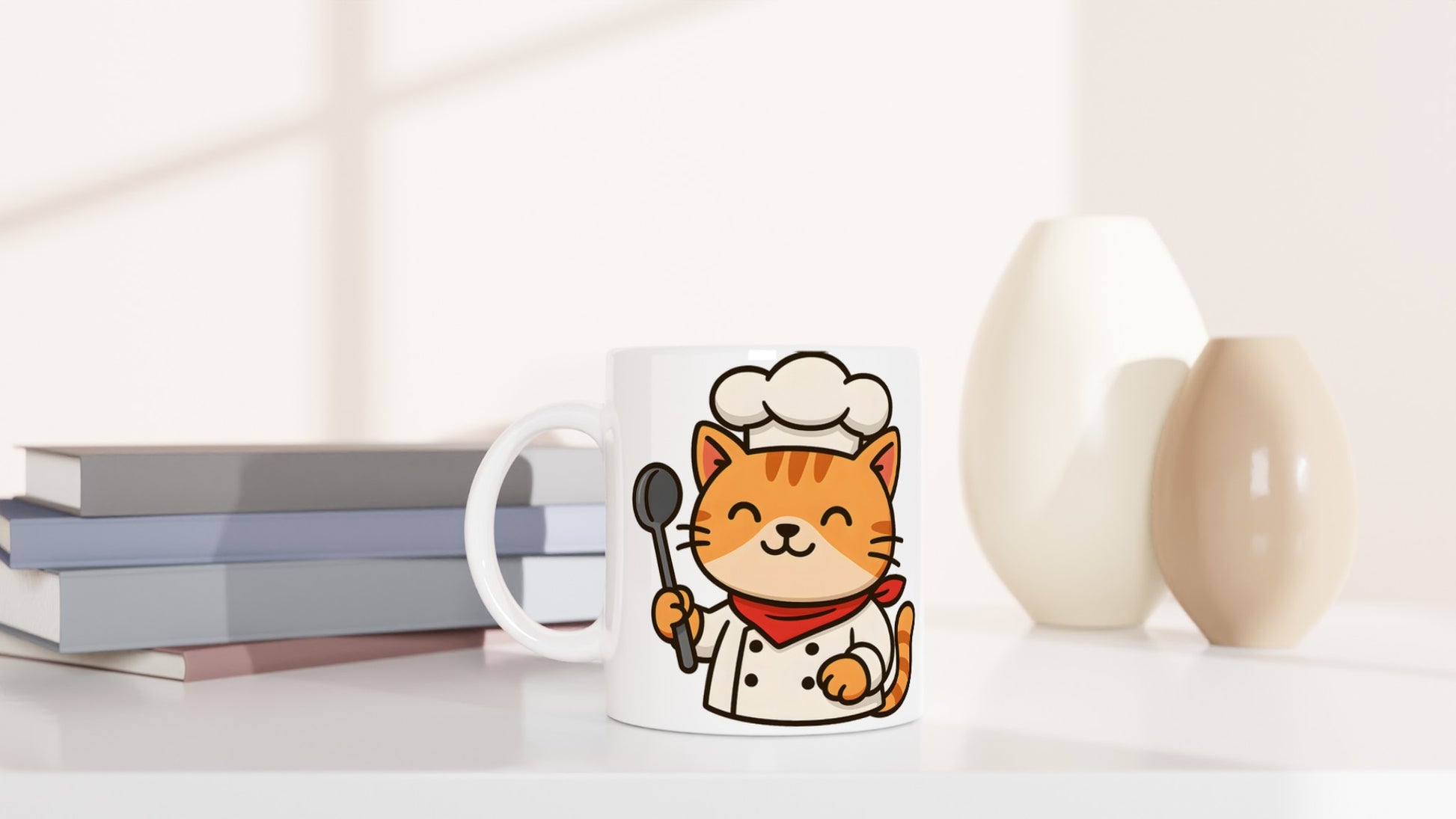 Mugg med katt i kockmössa och slev. Perfekt för kattälskande kockar!