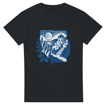 T-shirt med nostalgiskt motiv av grekiskt landskap med olivgrenar och kustvyer. Perfekt för att njuta av skönheten i Grekland.