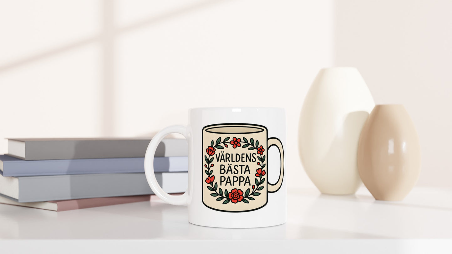 Mugg med blomkrans och text 'Världens bästa pappa'. Perfekt gåva för att fira pappa!