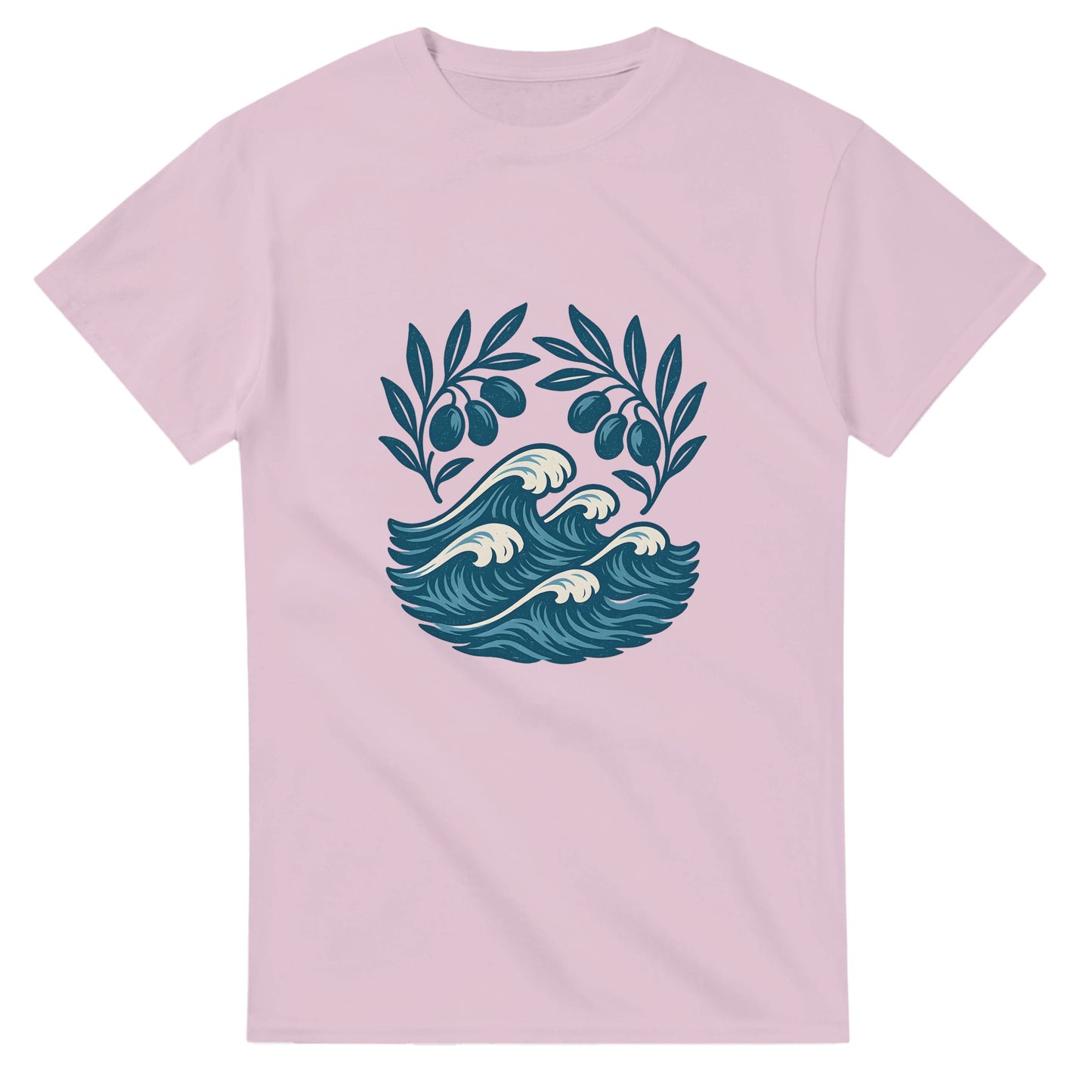 Tidlös T-shirt med grekisk charm, olivgrenar och kustlandskap. Bär stolt Olivträdets Charm.