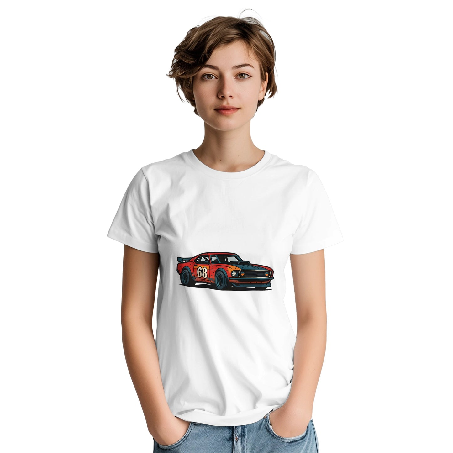 T-shirt med gatuloppstema och en vintage bil med en historia av fart och förändring.