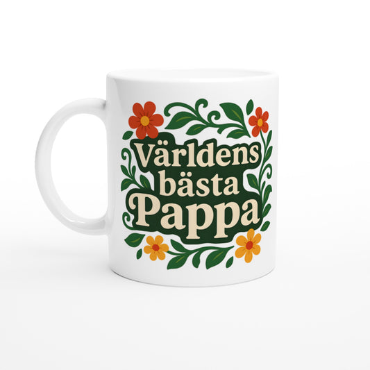 Mugg med florala element och texten Världens bästa pappa. Stilfull och mjuk design för en balanserad känsla.