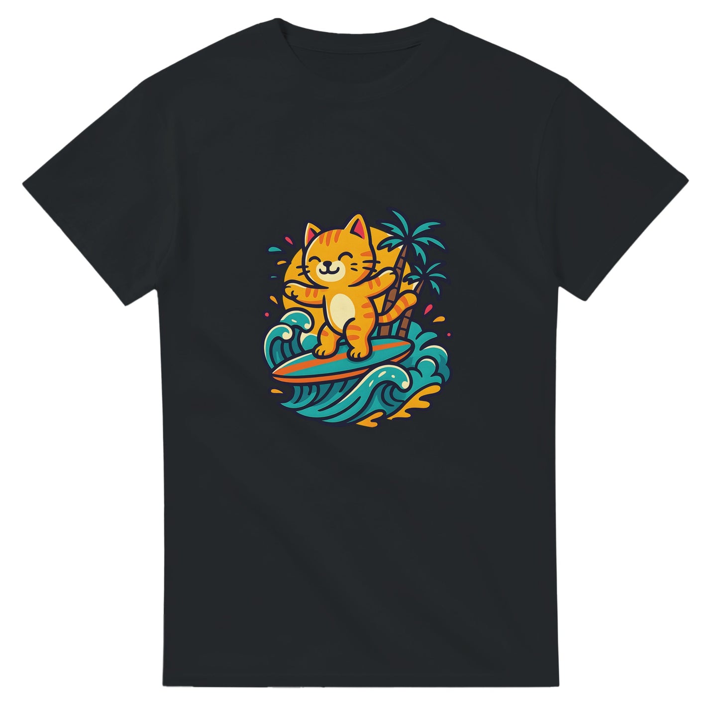 T-shirt med surfande katt i paradiset, omgiven av palmer och tropiska färger. Perfekt för kattälskare som drömmer om semester.