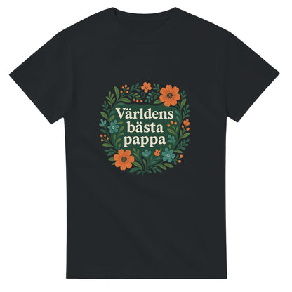 T-shirt för pappa med stil. 'Världens bästa pappa' omgiven av eleganta blommönster i harmoniska färger. Uppskattning visas!