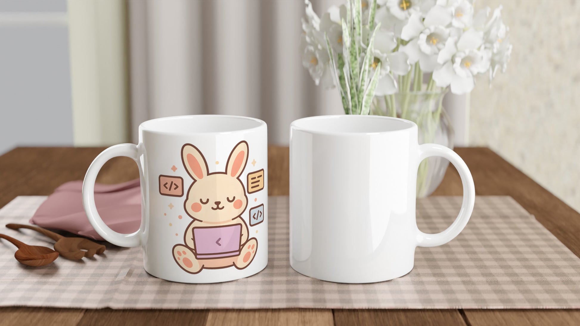 Mugg med kanin som kodar, perfekt för programmeringsstunder. Charmig present för programmerare!