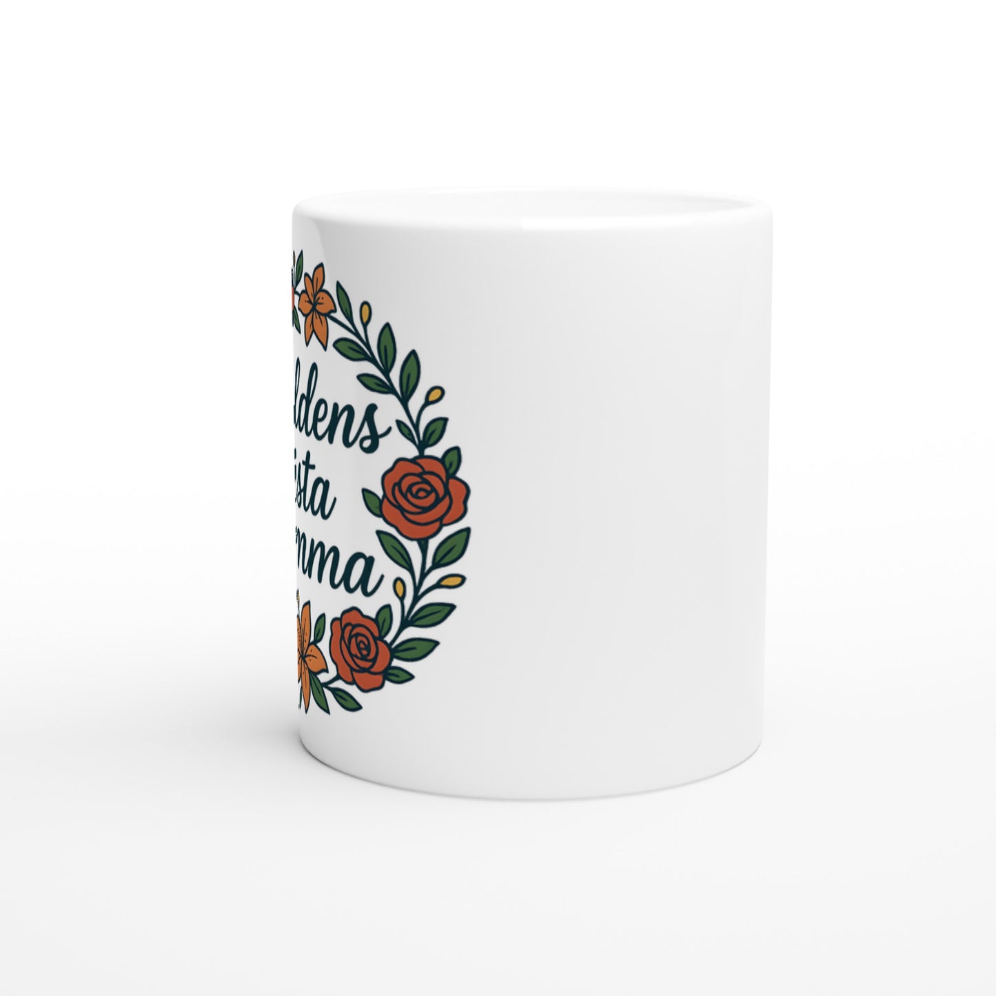 Mamma Magi - Blomkransmugg med handskriven text Världens bästa mamma och elegant blomkrans. Perfekt för den älskade mamman.