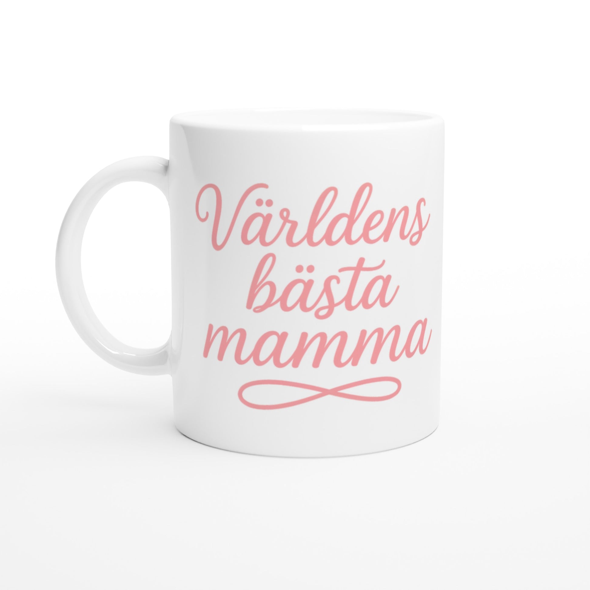 Mugg med texten 'Världens bästa mamma' i elegant handskriven font och varm rosa färg.