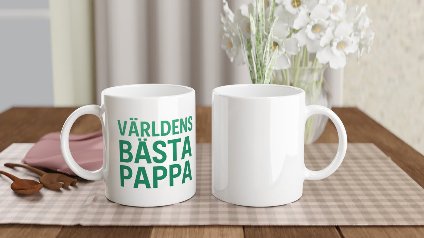Mugg med 'Världens bästa pappa' i gröna toner, trendig design i sans-serif. Perfekt gåva till pappa.