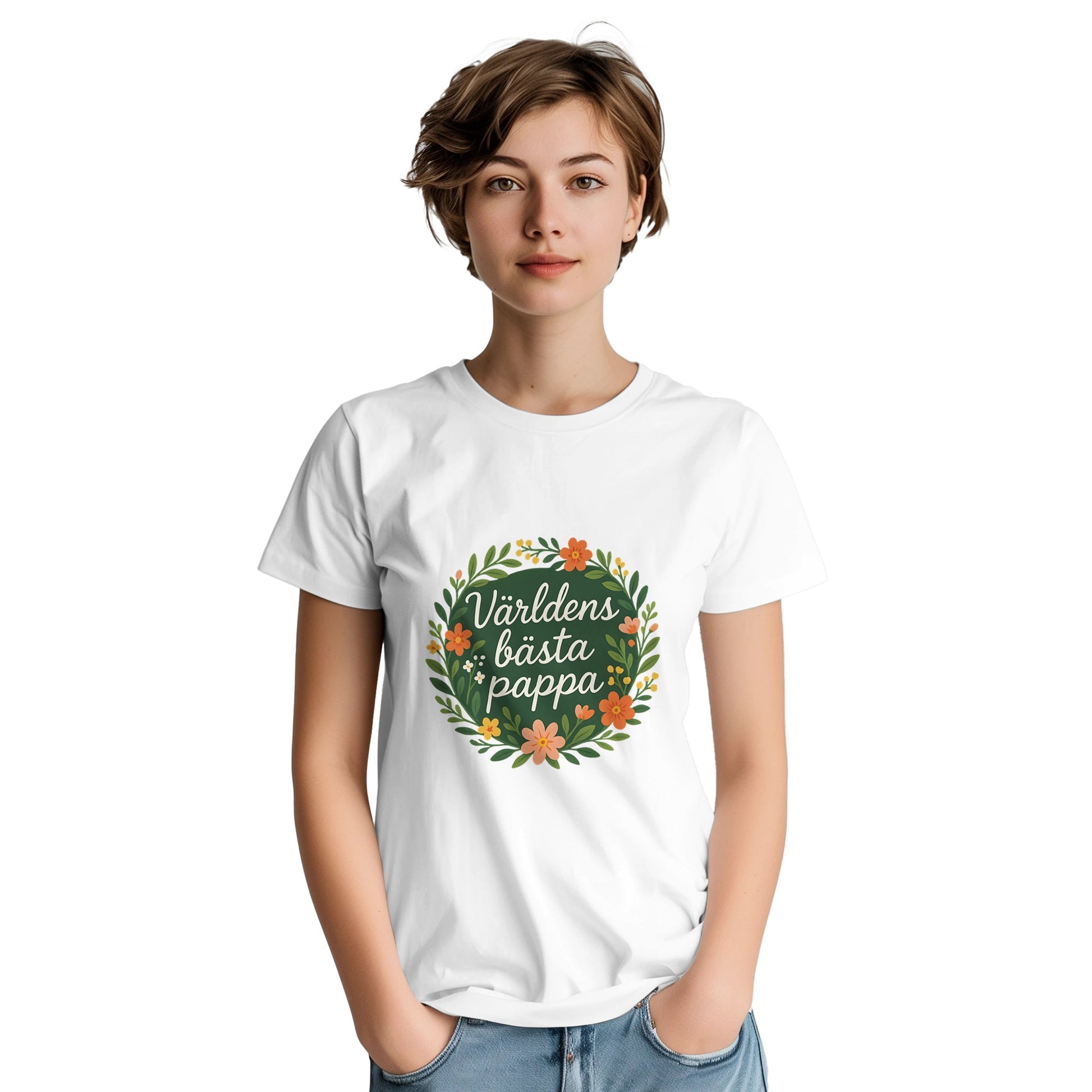 T-shirt med blomkrans och text för världens bästa pappa. Perfekt för att visa uppskattning och kärlek.