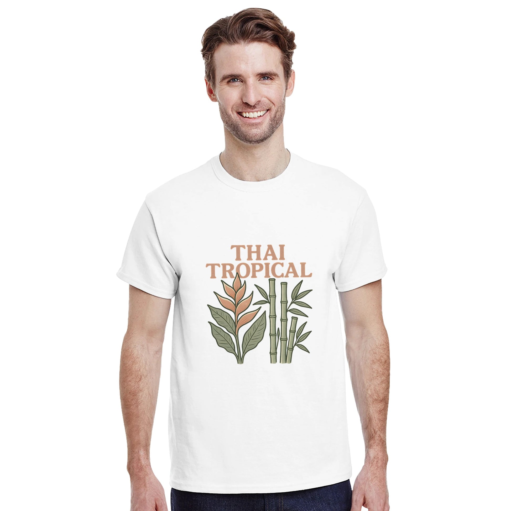 Vintage t-shirt med tropiska växter från Thailand, perfekt för att ta med sig på resan.