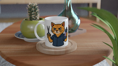 Mugg med katt frisör, sax och hårspray för en purrfekt stylingsession.