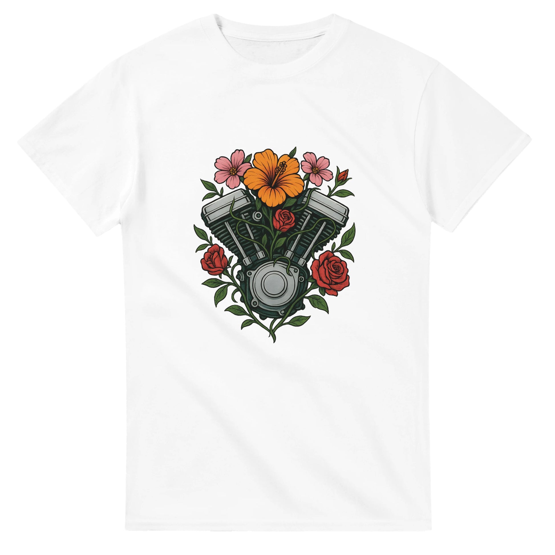 T-shirt med Speed Blossom-motiv, blommor runt motor, symbol för styrka och skönhet, motiverande text.
