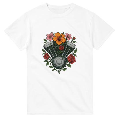 T-shirt med Speed Blossom-motiv, blommor runt motor, symbol för styrka och skönhet, motiverande text.