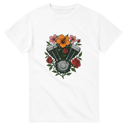 T-shirt med Speed Blossom-motiv, blommor runt motor, symbol för styrka och skönhet, motiverande text.