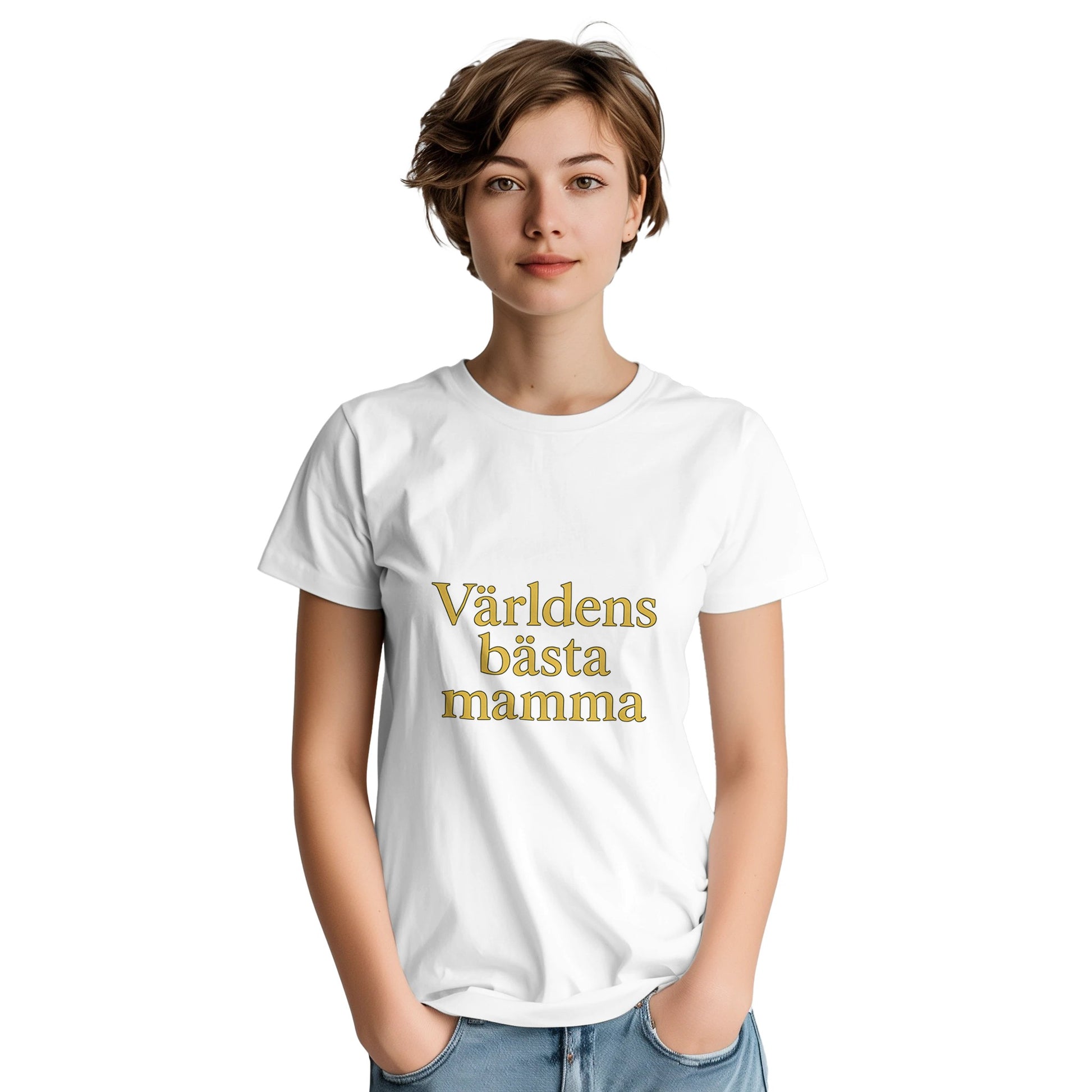T-shirt med texten 'Världens bästa mamma' i guldtoner och serif-font. En hyllning till livets stjärna!