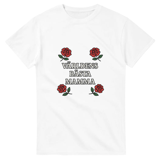 Mamma T-shirt med kärleksfull design av rosor och texten 'Världens bästa mamma'. Elegant och bärbar stil.