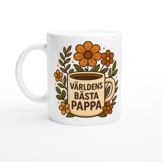 Mugg med 'Världens bästa pappa' och blommande detaljer, perfekt för en varm och inbjudande start på dagen.