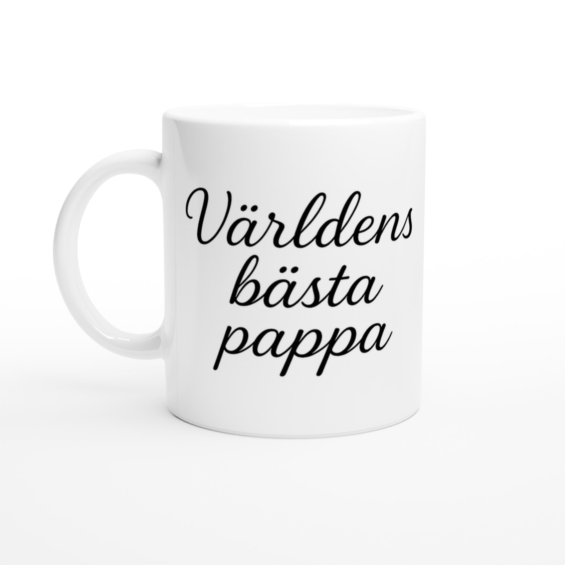 Mugg för pappa i elegant svartvitt med texten 'Världens bästa pappa' i tunn kalligrafisk font. Tidlös hyllning.