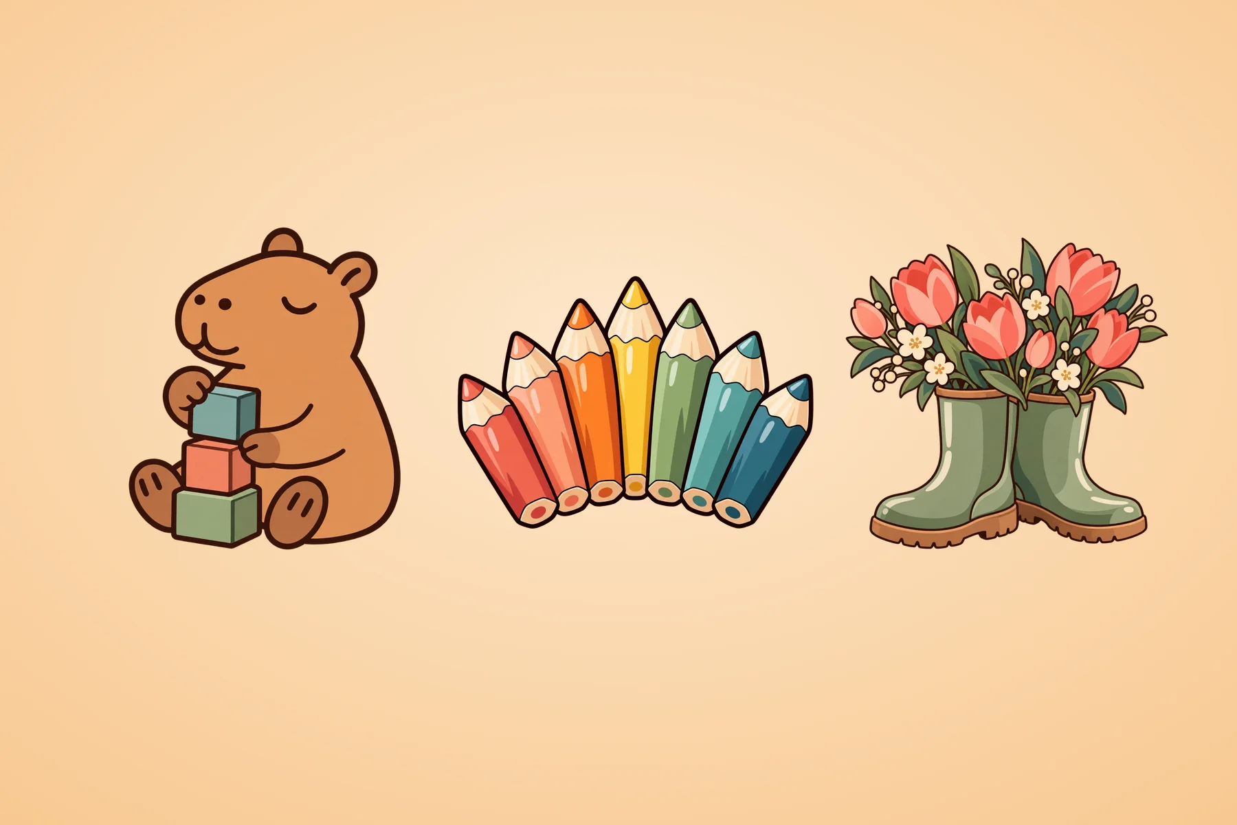 Illustration med en capybara som bygger med klossar, färgpennor i regnbågens färger och regnstövlar med blommor