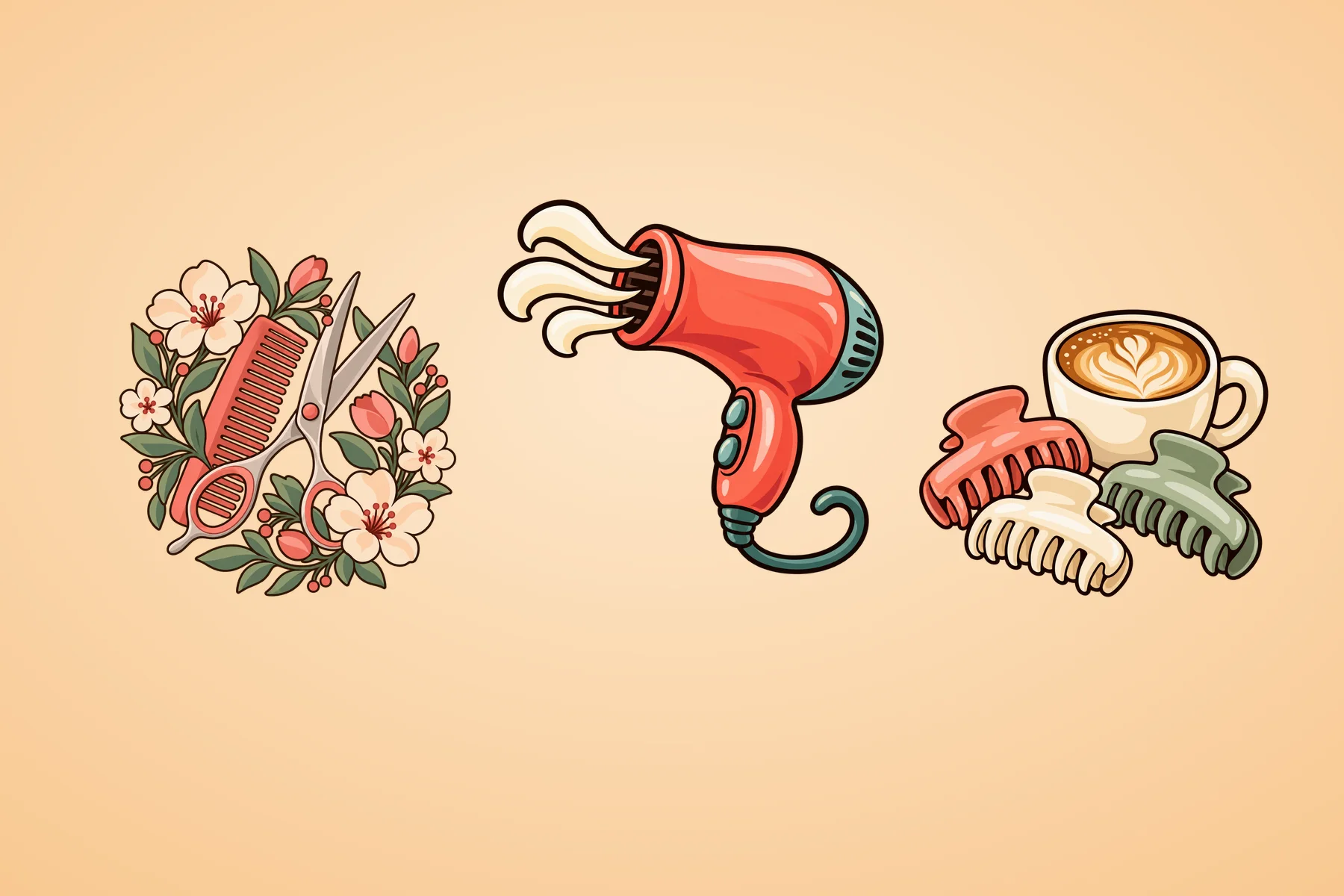 Illustration med en sax och kam bland blommor, en hårfön och en kaffe med hårklämmor