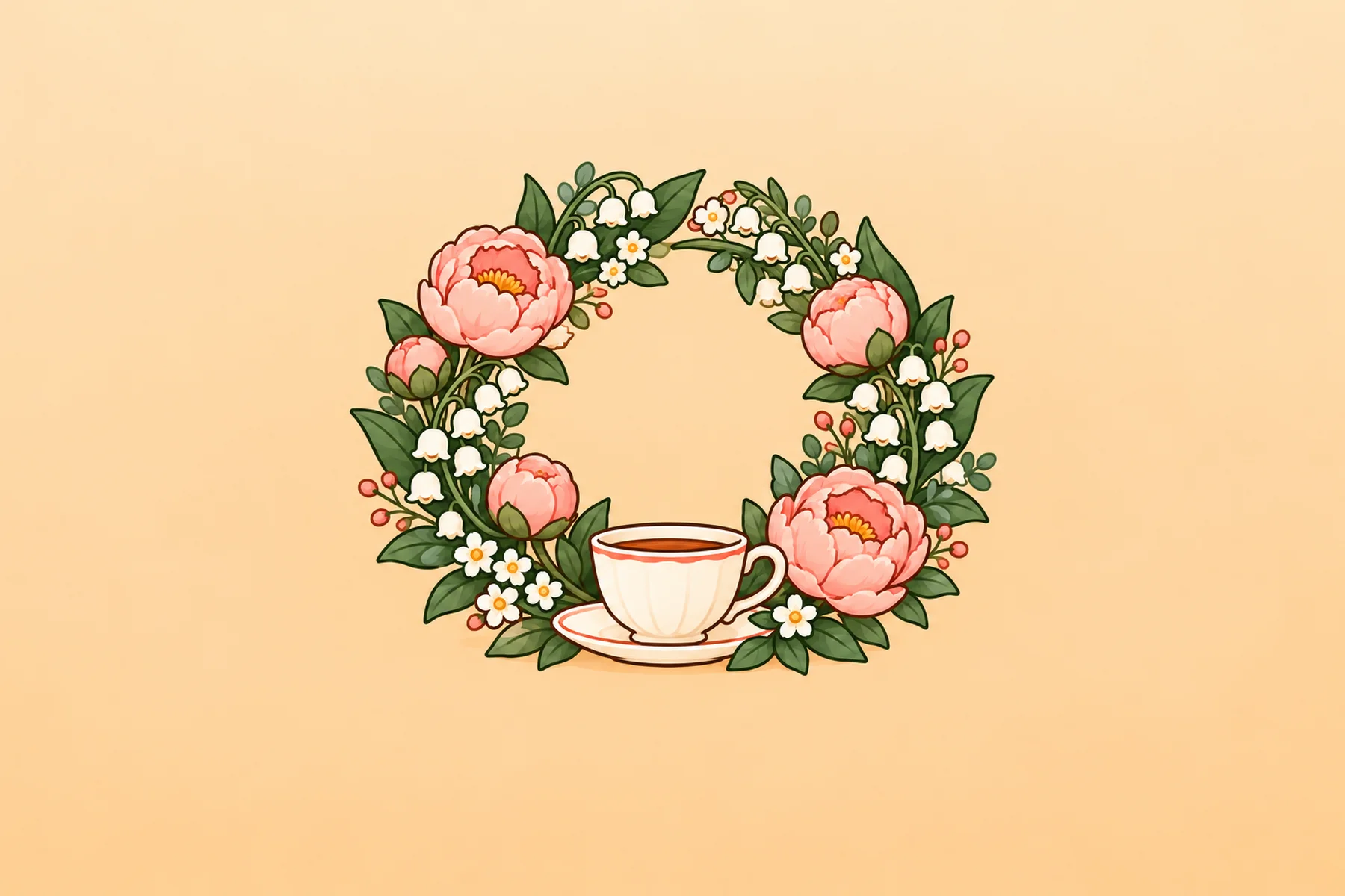 Illustration av en krans med rosa pioner och liljekonvaljer och en tekopp