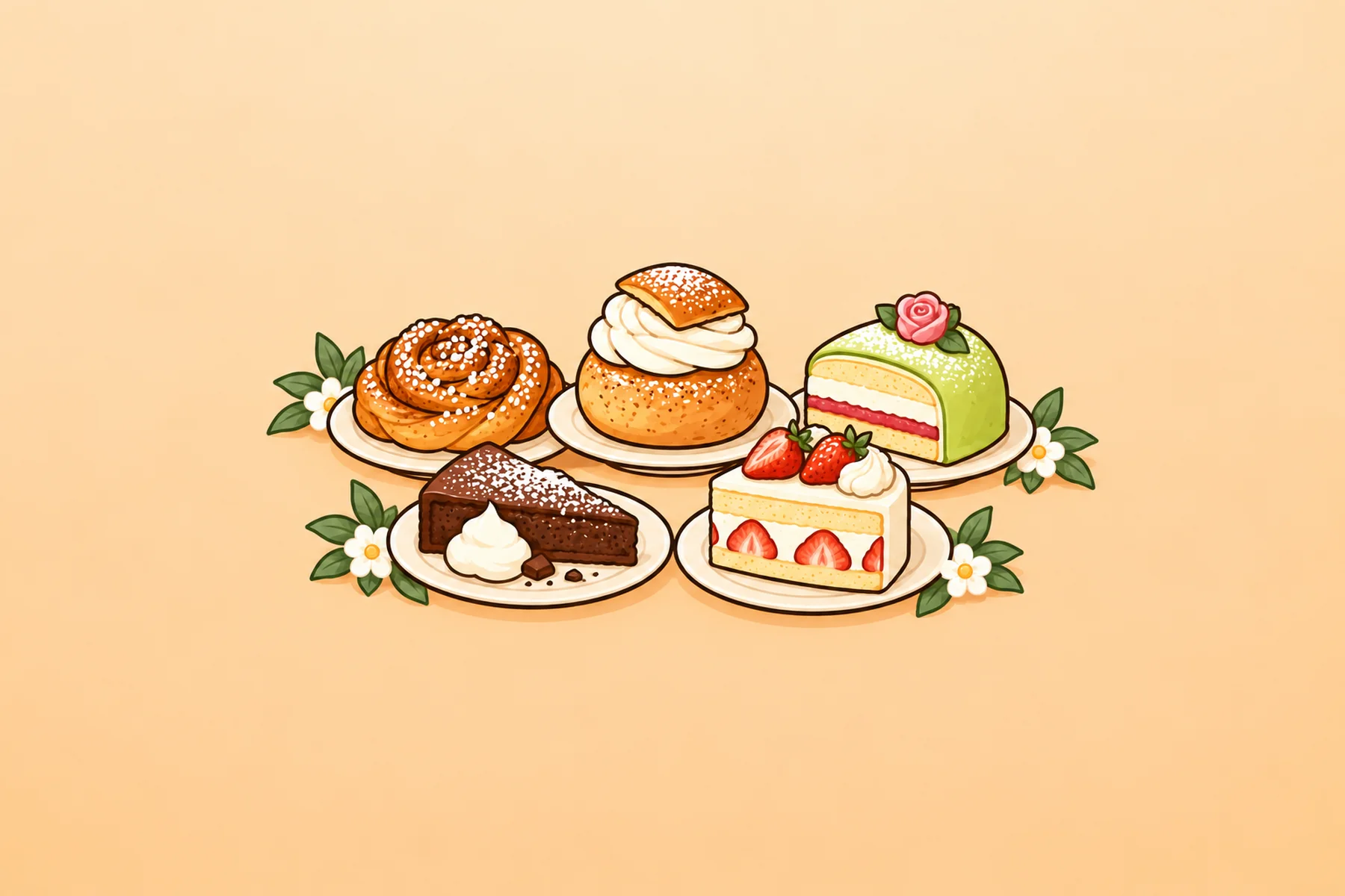 Illustration av svenska bakverk: kanelbulle, semla, prinsesstårta, kladdkaka och jordgubbstårta