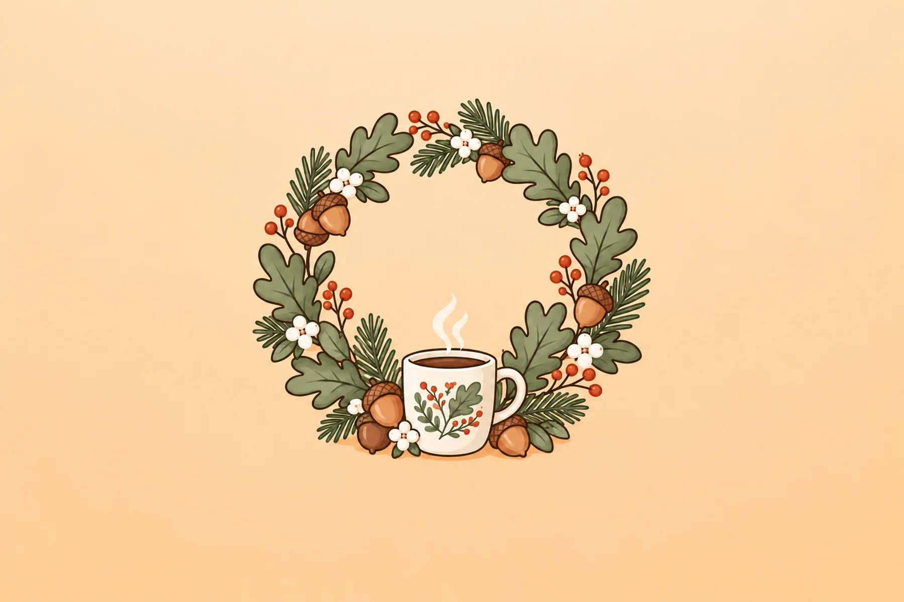 Illustration av en krans med eklöv, ekollon och tallkvistar och en kaffemugg