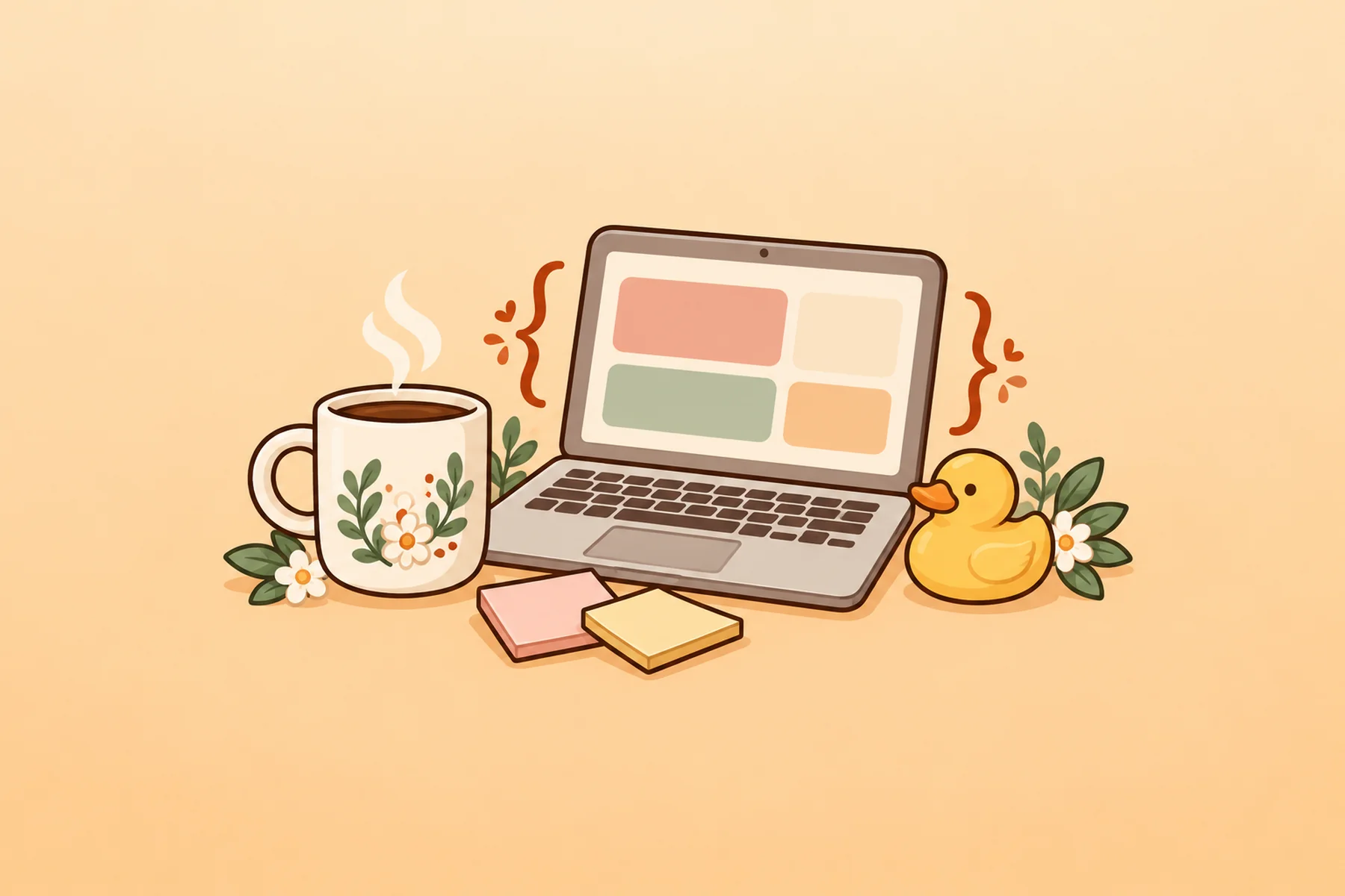 Illustration med en laptop, en kaffemugg och en gul badanka