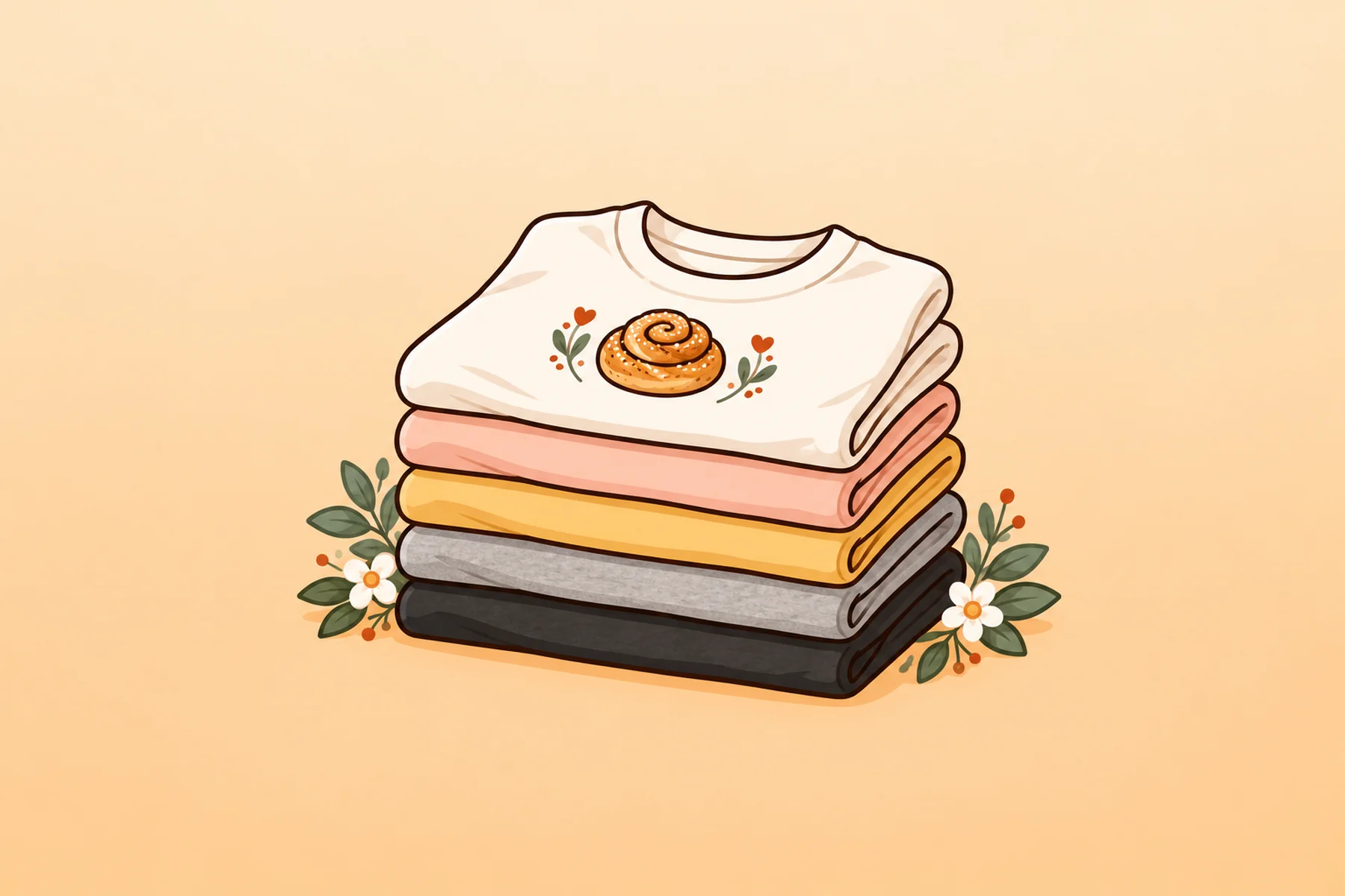 Illustration av en trave vikta t-shirts i vitt, ljusrosa, gult, grått och svart