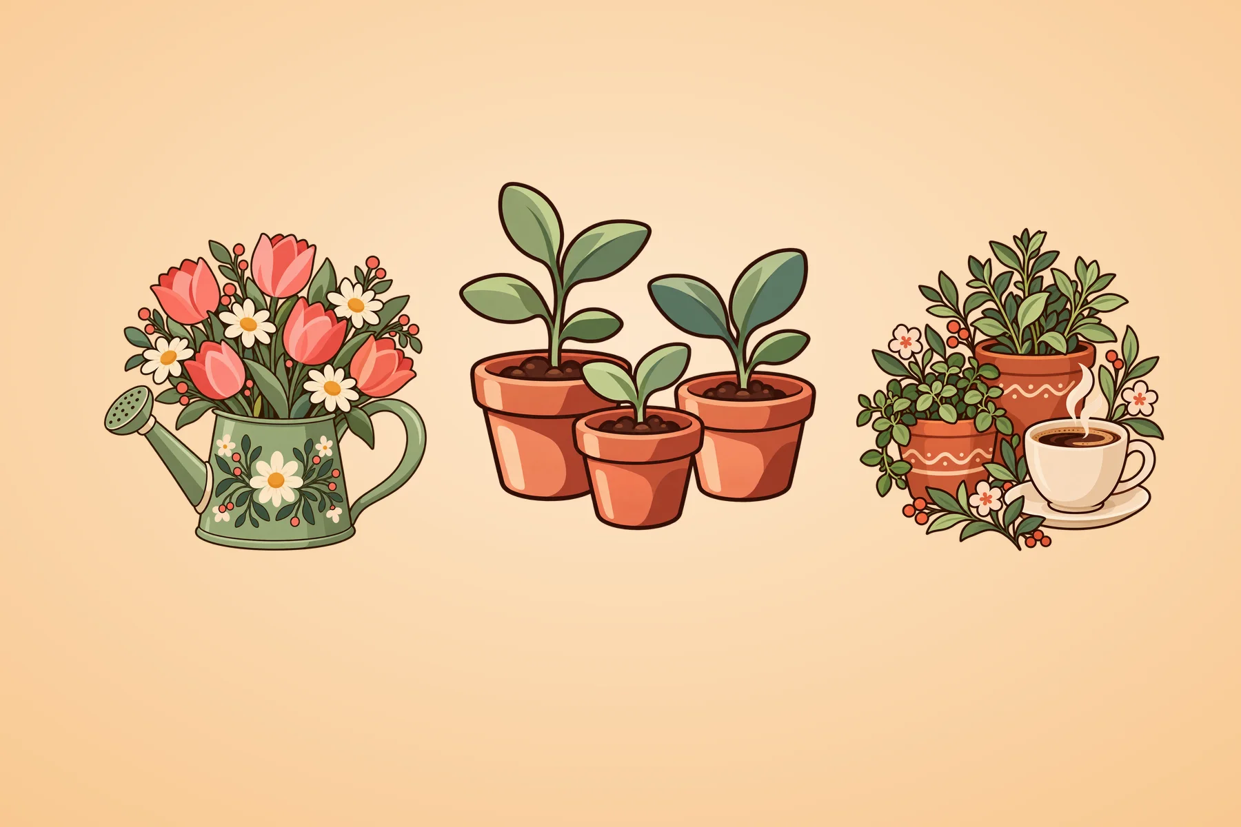 Illustration med en vattenkanna med blommor, tre plantor i krukor och en kaffe bland krukväxter