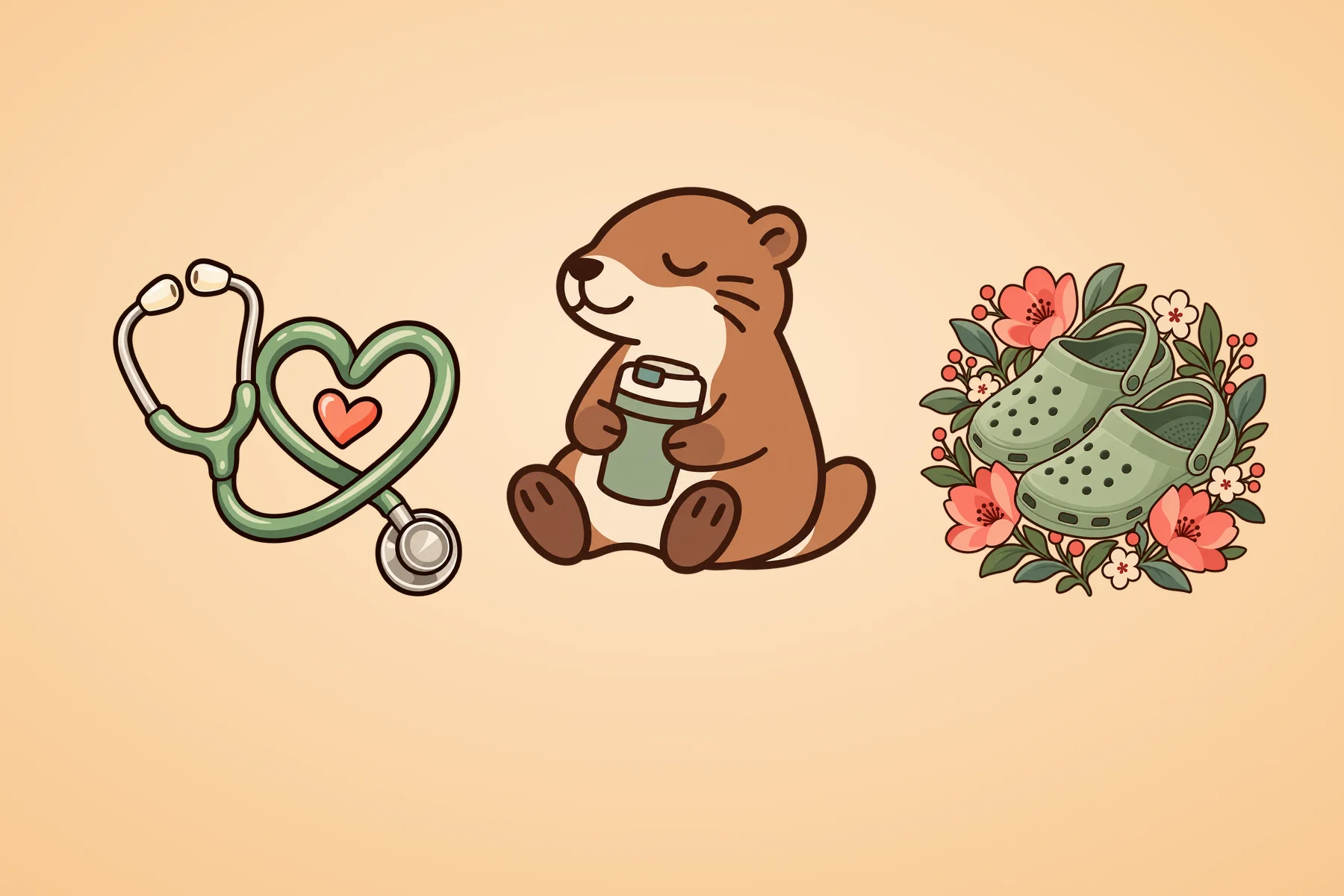 Illustration med ett stetoskop format som ett hjärta, en utter med kaffemugg och skor bland blommor