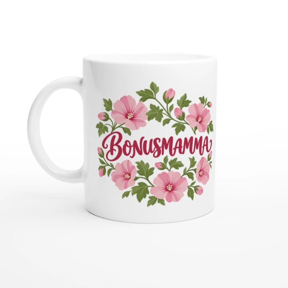 Mugg – Bonusmamma – malva, vit – motiv med handtaget till vänster