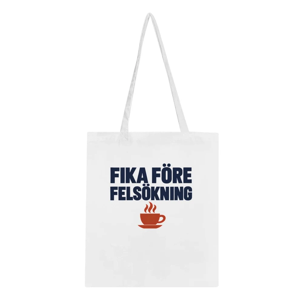 Tygkasse – Fika före felsökning, vit – motiv på framsidan