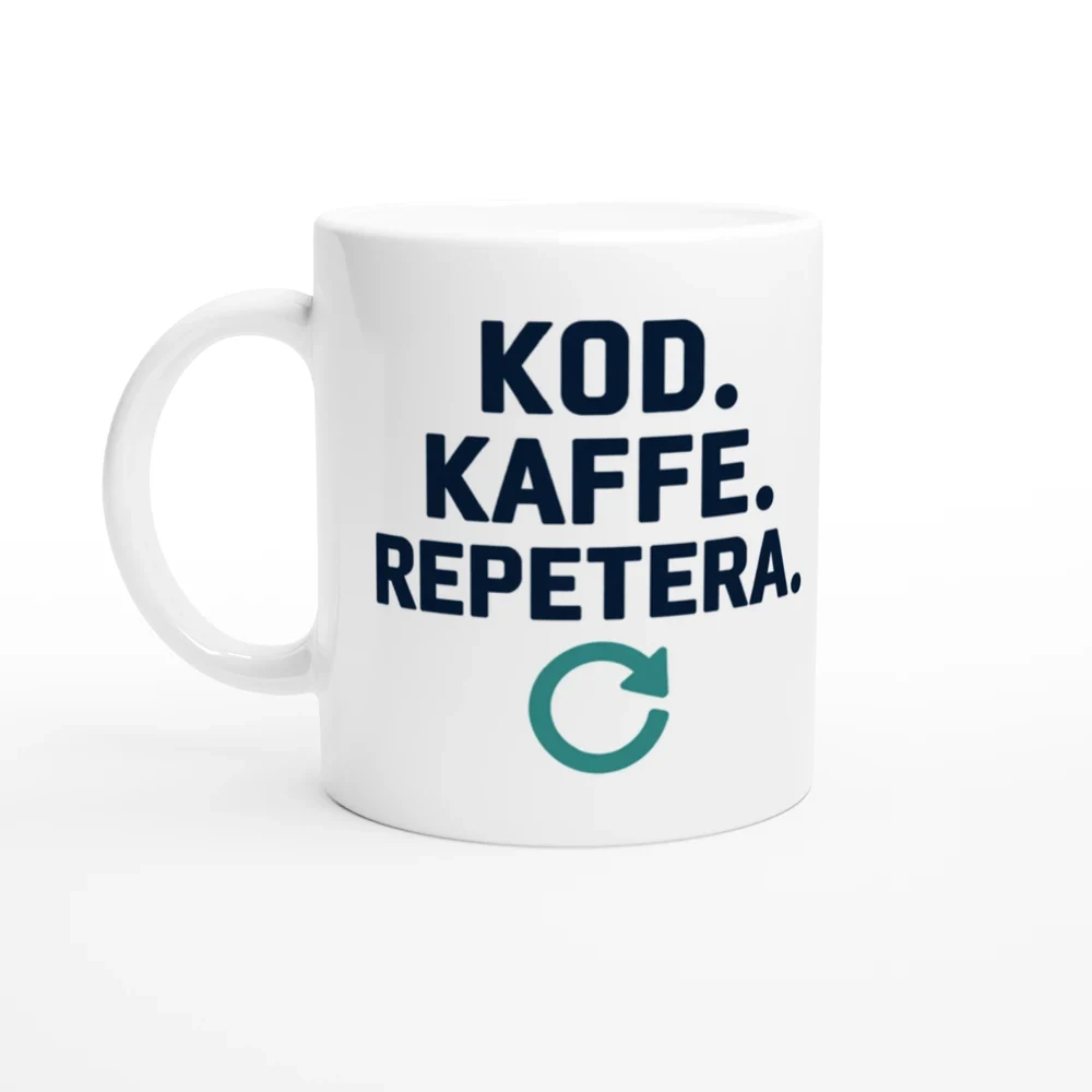 Mugg – Kod. Kaffe. Repetera. – motiv med handtaget till vänster