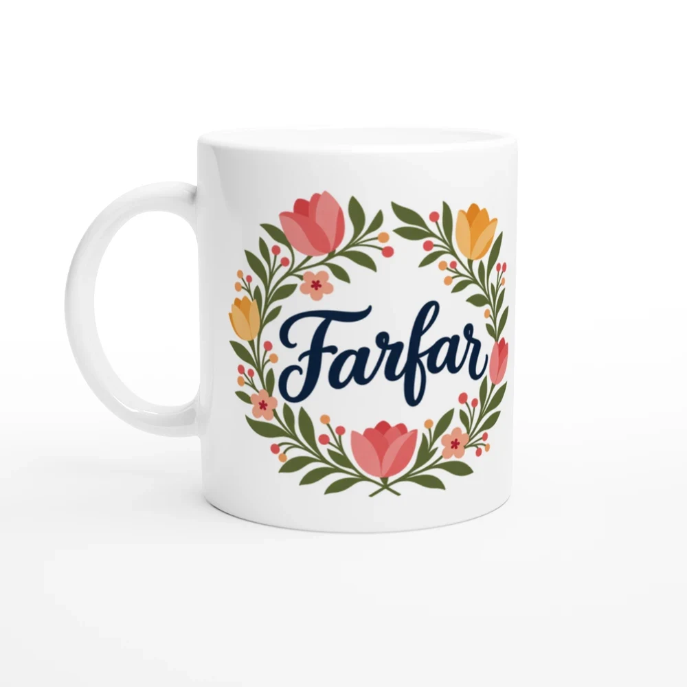 Mugg – Farfar – blomsterkrans – motiv med handtaget till vänster