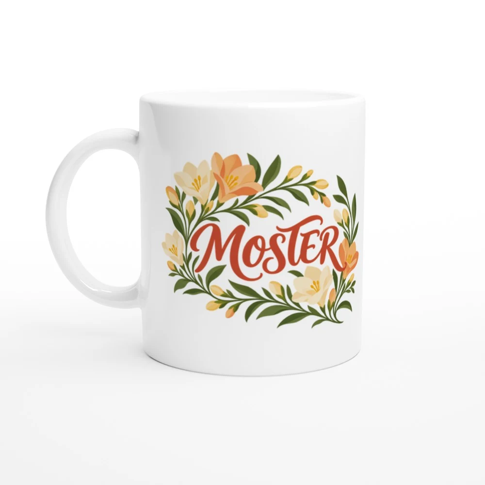 Mugg – Moster – freesia, vit – motiv med handtaget till vänster