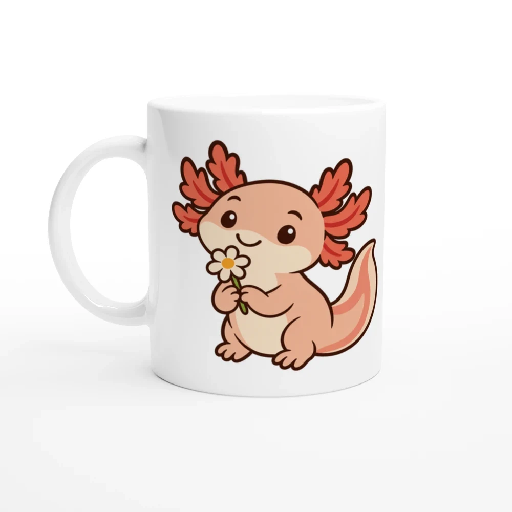 Mugg – Axolotl med blomma – motiv med handtaget till vänster
