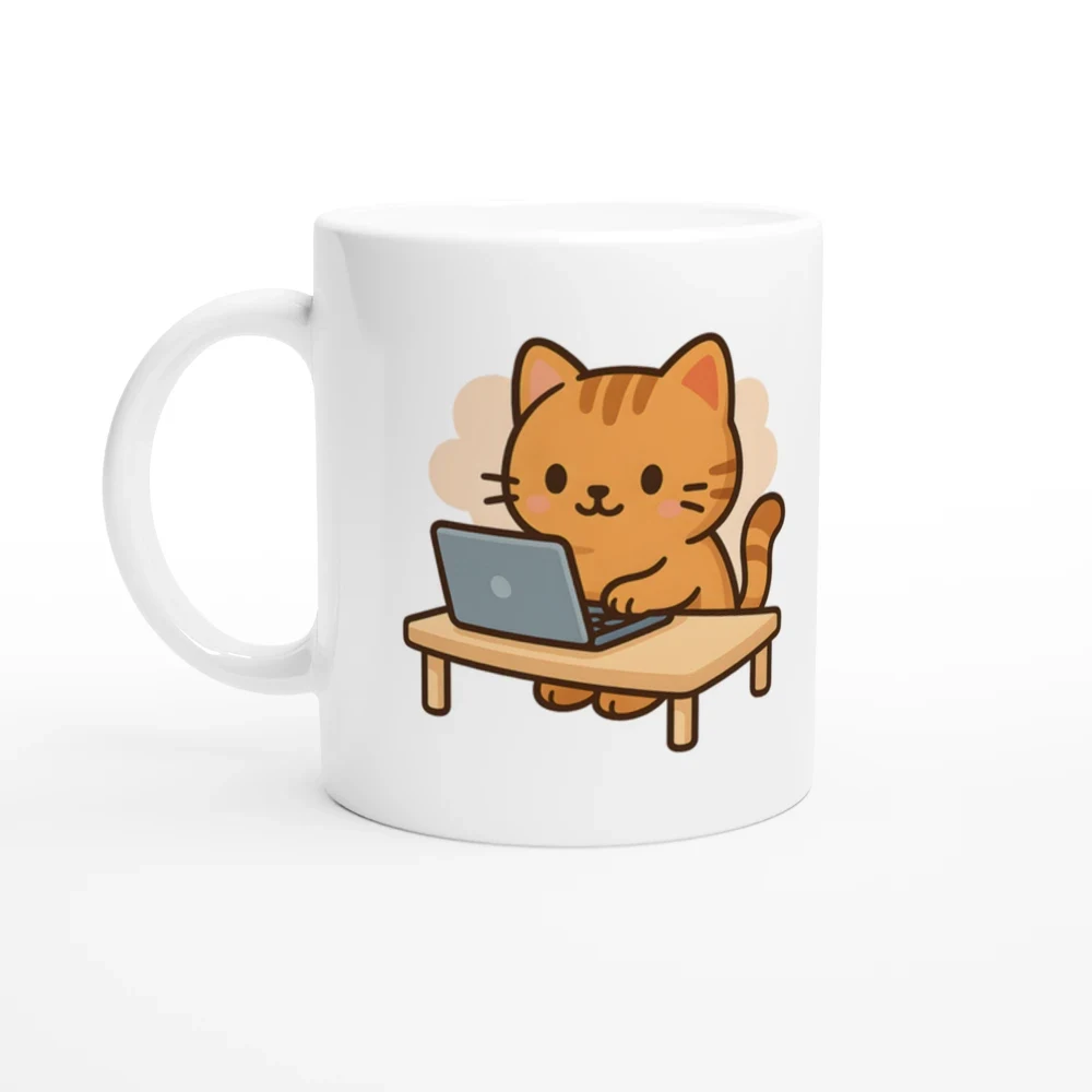 Mugg med söt katt som programmerar – motiv med handtaget till vänster