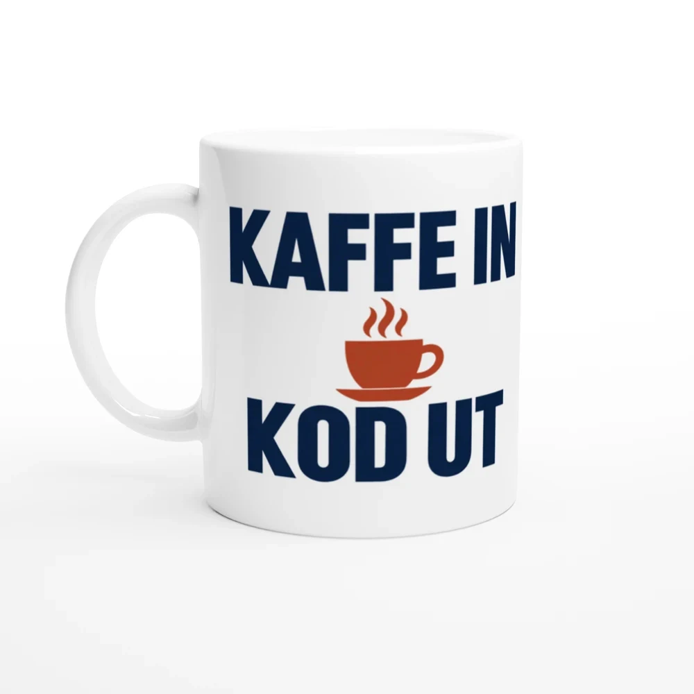 Mugg – Kaffe in, kod ut – motiv med handtaget till vänster