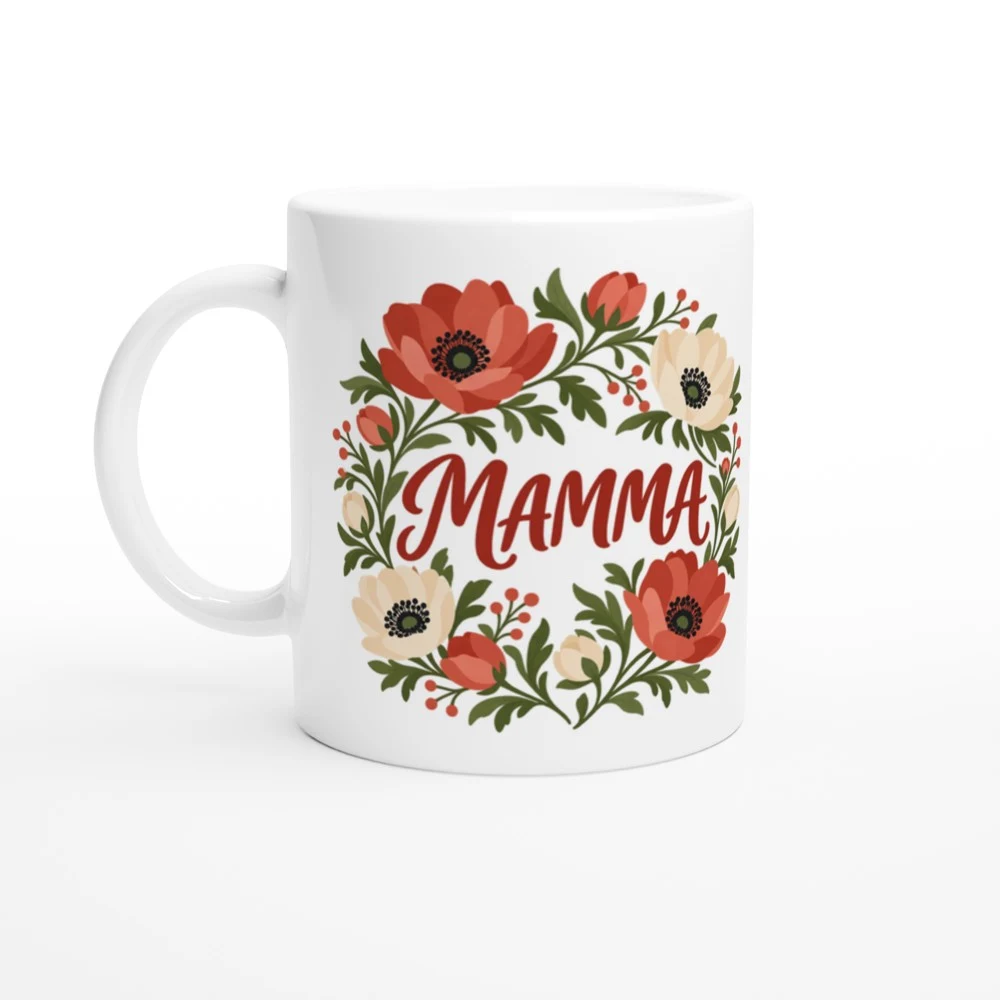 Mugg – Mamma – anemon, vit – motiv med handtaget till vänster