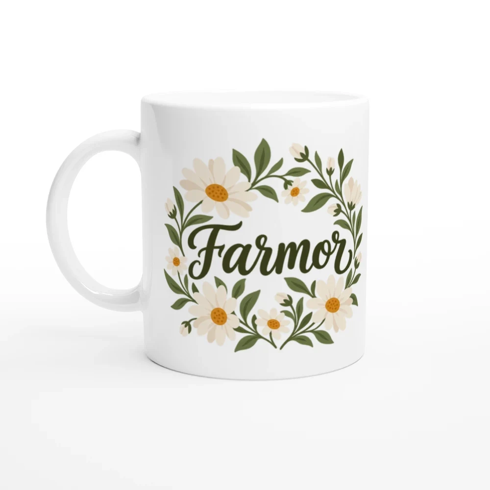 Mugg – Farmor – prästkragar – motiv med handtaget till vänster