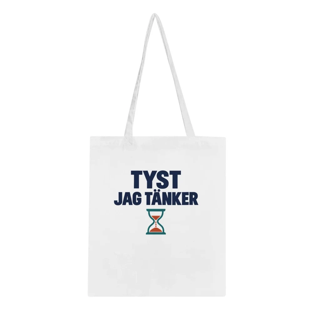 Tygkasse – Tyst, jag tänker, vit – motiv på framsidan